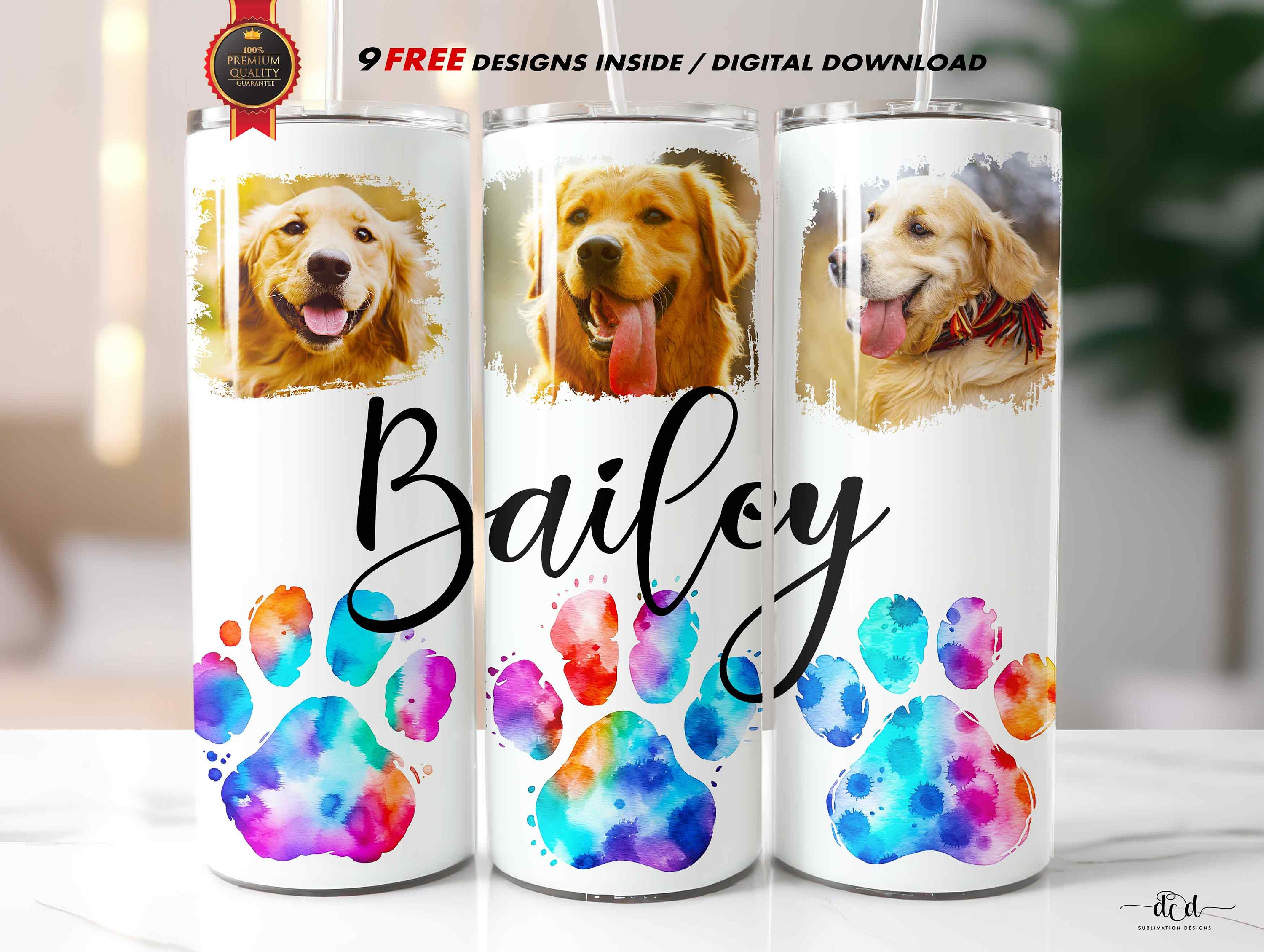 Custom Dog Photo Tumbler Wrap, Straight Skinny 20oz Sublimation, Instant Download / Rainbow Paws
