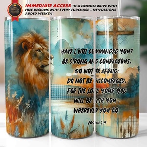 Papier d'emballage pour verre Christian Lion, 20 oz, droit fin, sublimation religieuse / Verset biblique Psaume Croix / Josué 1:9 « Ne vous ai-je pas commandé ?