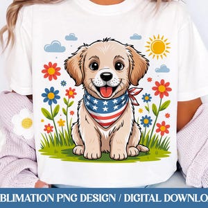 4th of July Golden Retriever PNG for Sublimation, Patriotic Dog, American Flag Dog PNG, Dog Mom, Independence Day, Floral Kids Shirt Design