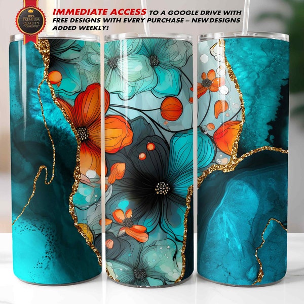 Alcohol Ink Flowers Tumbler Wrap, Straight Skinny 20oz, Sublimation PNG / Orange Teal Agate