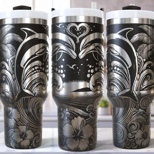 Delfine 40 Oz Laser Tumbler Wrap SVG / Gravur geätztes Quencher Seamless Design / Marine Sea Life Nautical Hibiskus Ozean Palmen Herzen
