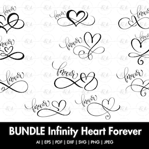 May include: A set of ten black and white digital downloads featuring the word "forever" with a heart and infinity symbol. The designs are perfect for creating custom crafts, cards, and more.