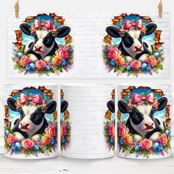 3D Mug Wrap - Easter Spring Cow - Hole in a Brick Wall - Add Your Own Text - 11 oz & 15 Oz Sublimation PNG, Instant Download