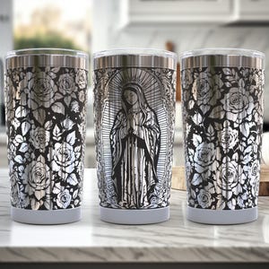 Unsere Liebe Frau von Guadalupe Laser 20Oz Tumbler Wrap SVG / Gravur geätztes nahtloses Design / Christliches Religiöses Blumenmuster / Rosen Mexikanisch