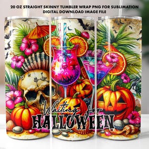 Op de afbeelding: Een 20 oz rechte, slanke tumbler wrap met een Halloween-thema. Het ontwerp toont een schedel, cocktails, uitgehouwen pompoenen en tropische bloemen. De tekst "Waiting for Halloween" is zichtbaar.