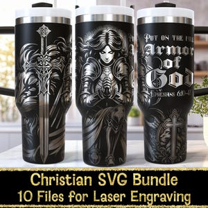 Paquete de envoltura para vaso con láser SVG cristiano de 40 oz / Grabado de aguafuerte, diseño sin costuras / Biblia, fe cristiana, armadura religiosa de Dios