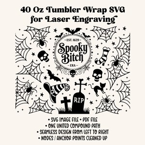 May include: Black and white Halloween-themed SVG design for a 40 oz tumbler wrap. Features cobwebs, spiders, bats, skulls, a witch's hat, a tombstone, and the text "Spooky Bitch". Includes SVG and PDF files.