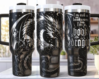 Book Dragon SVG 40 Oz Laser Tumbler Wrap / Engraved Etched Quencher Seamless / Bookish Fantasy Fairytale Literature Design / Librarian Gift