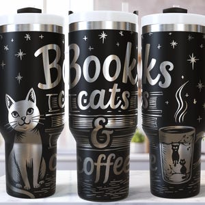 Katze SVG 40 Oz Laser Tumbler Wrap SVG / Gravur geätzter Quencher Nahtlos / Bücher lesen Kaffee Design / Kätzchen Haustier Pelz Mama SVG