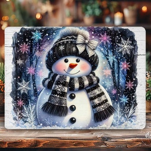 Weihnachten Schneemann Schneidebrett PNG für Sublimation / Kokette Schleife Winter Wunderland Schneeflocken / Rustikales Holz Design