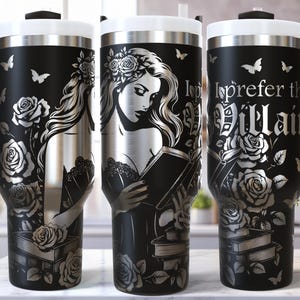 Romantasy SVG 40 Oz Laser Tumbler Wrap, gegraveerde geëtste quencher naadloos, leesgrage smut sprookjesachtig donker romantisch ontwerp, ik geef de voorkeur aan de schurk