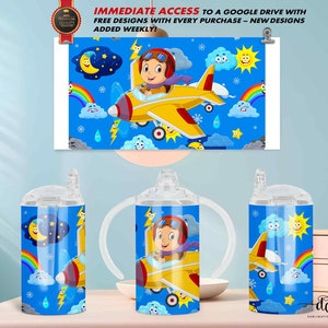 12 Oz Sippy Cup & Flip Top Tumbler Wrap Sublimación PNG / Boy Pilot Cartoon / Diseño de vaso para niños
