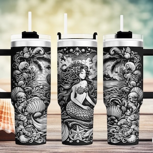 Papier d'emballage pour gobelet sirène laser 40 oz/conception transparente de désaltérant gravé gravé/coquillages vagues de plage poisson