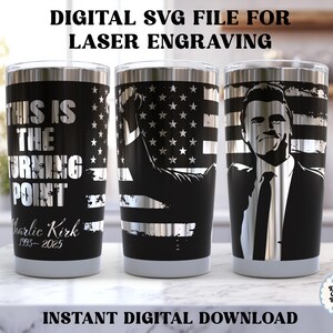 May include: Three black stainless steel tumblers with silver designs. One features the text "THIS IS THE TURNING POINT" and "Charlie Kirk 1993-2025". The other two have patriotic themes, including an American flag and a portrait.