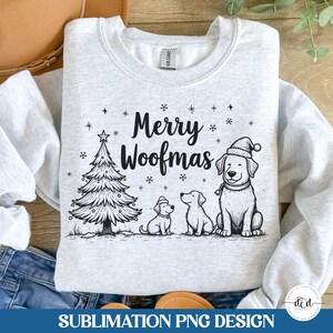 Sublimación de perro navideño PNG / Diseño de camiseta minimalista con garabatos dibujados a mano / Merry Woofmas