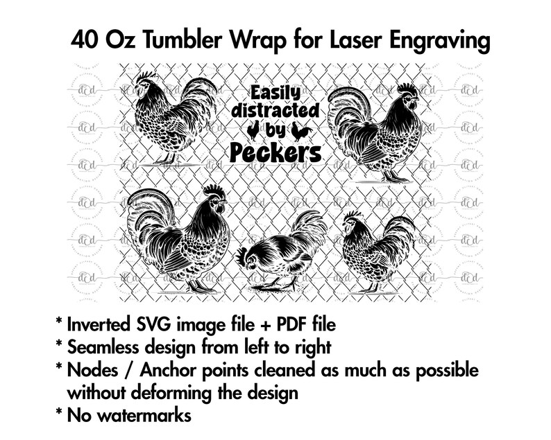 May include: Black and white rooster design for a 40 oz tumbler wrap. The design features several roosters in various poses, with the text "Easily distracted by Peckers" in the center. The design is suitable for laser engraving.