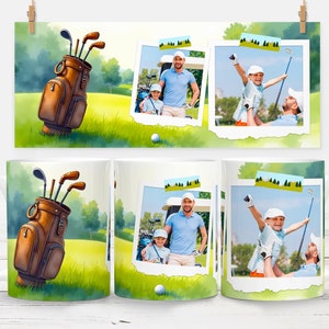 May include: White ceramic mug featuring a watercolour illustration of a golf bag with clubs on a green golf course. The design includes framed photos of a father and child golfing. A golf ball is also visible.