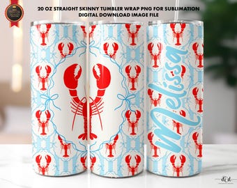 Coquette Lobster PNG, 20 Oz Straight Skinny Tumbler Wrap Sublimation, Fisherman Aesthetic, Preppy Coastal, Crawfish Boil Season, Custom Name