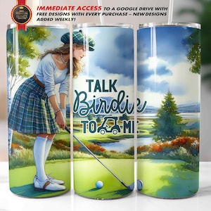 ゴルフタンブラーラップ、20オンスストレートスキニー昇華PNG、Talk Birdie to Me、スポーツウーマングリーン、シームレスデザイン、面白いゴルフタンブラーPNG