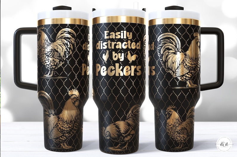 May include: Black travel mug with a gold rooster design and the text "Easily distracted by Peckers". The mug has a black handle, a white lid, and a gold rim. The rooster design is repeated around the mug.