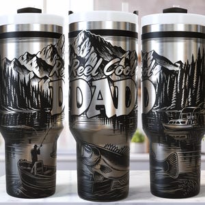 Vatertags-Angeln SVG 40 Oz Laser Tumbler Wrap / graviertes, geätztes Quencher-nahtloses Design / rustikales Seeboot / Reel Cool Dad