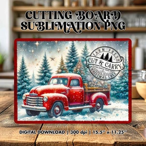 May include: A red vintage pickup truck with a wooden bed is driving through a snowy forest. The truck is decorated with Christmas lights and a sign that reads "Farm Fresh Cut & Carry Christmas Tree Since 1932".