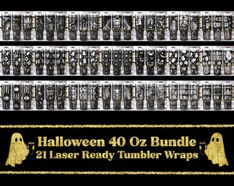 Può includere: Una collezione di 21 involucri per tumbler pronti per il laser con disegni a tema Halloween. I tumbler neri e argentati presentano varie illustrazioni spettrali, tra cui fantasmi, zucche e teschi. Il testo recita "Halloween 40 Oz Bundle".
