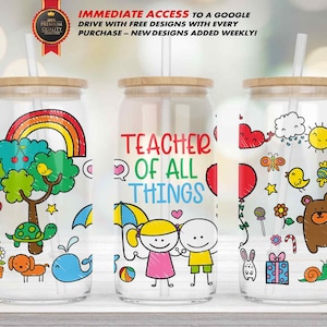 May include: Three clear glass tumblers with lids and straws. Each tumbler has a different colorful cartoon design. The middle tumbler has the text "Teacher of all things".