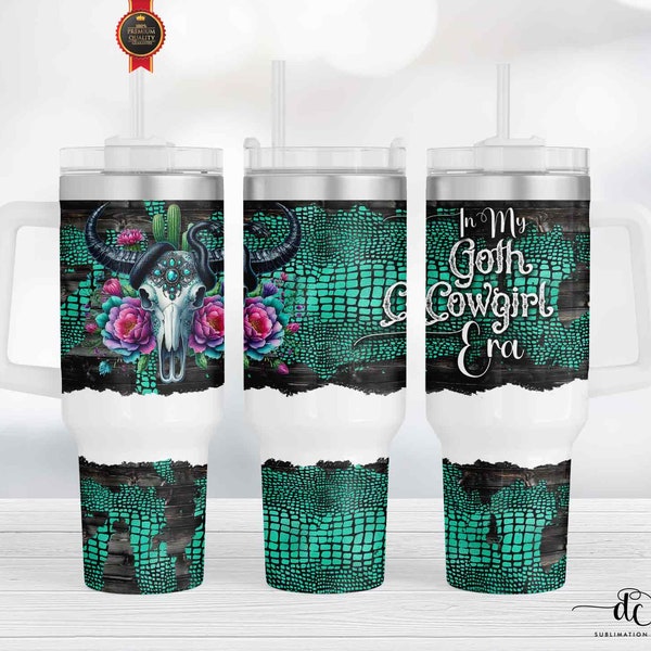 Wester Tumbler Wrap, 40 oz Quencher Tumbler Sublimation PNG / Black Bull Skull Turquoise Snakeskin / Rustic Animal Print / Gothic Cowgirl