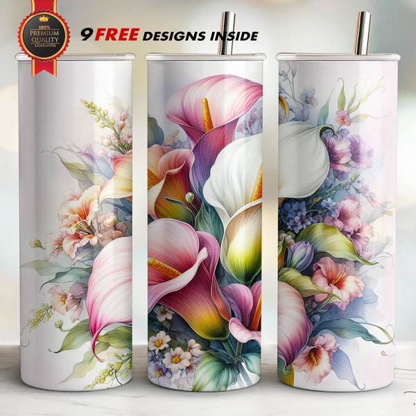 Watercolor Calla Lilies Tumbler Wrap, Straight Skinny 20oz, Sublimation PNG, Instant Download, FREE Designs Included, Plant Floral Design