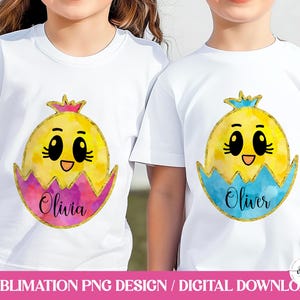 PNG sublimazione pasquale personalizzata / Set abbinato di simpatici pulcini pasquali / Borsa per la caccia alle uova con maglietta per bambini e bambine / Design glitter oro acquerello