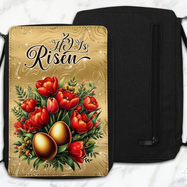 Bible Cover for Sublimation, Elegant Red Tulips with Gold Easter Eggs, He Is Risen, Instant Digital Download