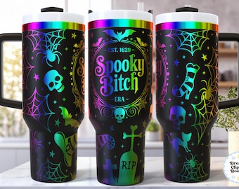 Spooky Bitch SVG 40 Oz Laser Tumbler Wrap, Laser Engraving SVG Seamless File, Halloween Spider Skull Bats, Spooky Season, Witchy Black Cat