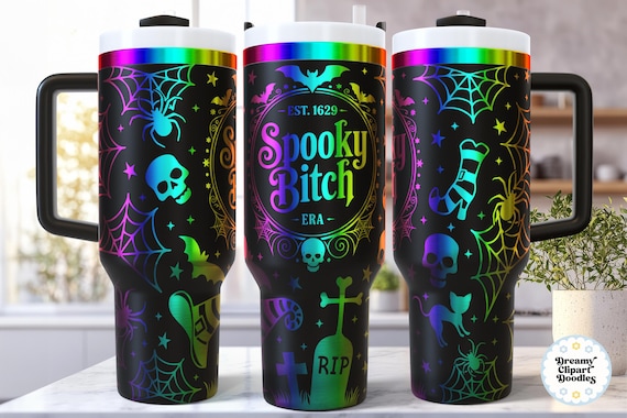 Spooky Bitch SVG 40 Oz Laser Tumbler Wrap, Laser Engraving SVG Seamless File, Halloween Spider Skull Bats, Spooky Season, Witchy Black Cat