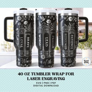 May include: Three black 1.18 litre tumblers with white laser-engraved designs featuring illustrations of books labelled with names like Ruth, Deborah, Miriam, Esther, Hannah, Rahab, and Sarah, alongside floral motifs, doves, and the text Women of the Bible.