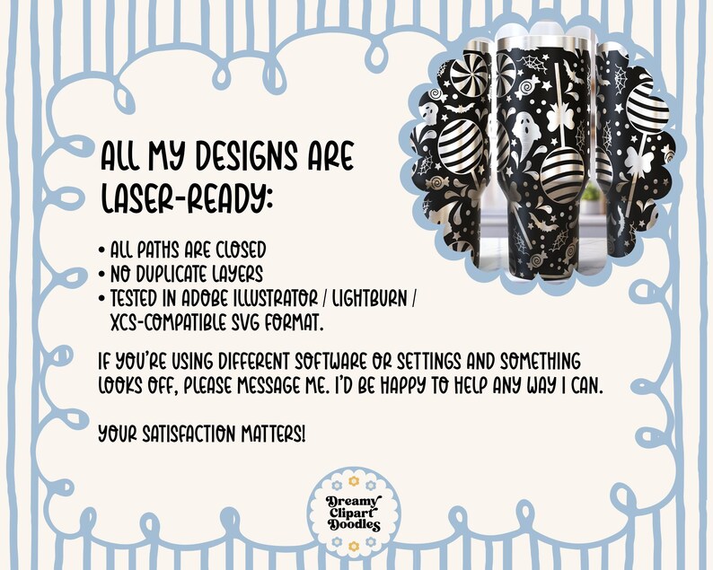 May include: Black and silver insulated tumbler with a Halloween-themed design. The design includes lollipops, ghosts, bats, and other spooky elements. The text on the image says "ALL MY DESIGNS ARE LASER-READY".