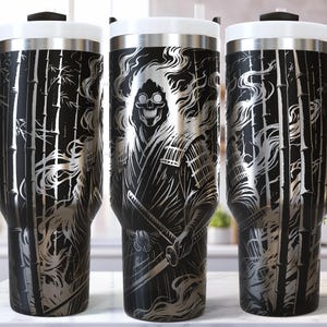 Samurai SVG 40 Oz Laser Tumbler Wrap SVG / Gravado Etched Quencher Design Sem Costura / Dia dos Pais Rústico Gótico Japonês Esqueleto Halloween