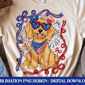 Labradoodle PNG for Sublimation, Patriotic Dog, American Flag Dog PNG, Dog Mom, 4th of July Independence Day, Coquette Bow Preppy PNG
