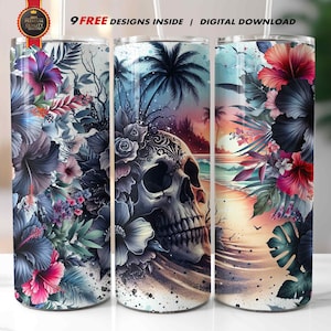 May include: Three stainless steel tumblers with different designs. The first tumbler features a skull with flowers and leaves. The second tumbler features a sunset over the ocean with palm trees. The third tumbler features a sunset over the ocean with tropical flowers and leaves.