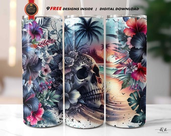 Summerween PNG Tumbler Wrap, 20 oz Skinny Straight Sublimation PNG, Gothic Beach Skull Grunge Black Hibiscus Tropical Vibes, Summer Skeleton