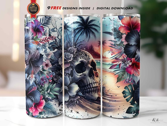 Summerween PNG Tumbler Wrap, 20 oz Skinny Straight Sublimation PNG, Gothic Beach Skull Grunge Black Hibiscus Tropical Vibes, Summer Skeleton