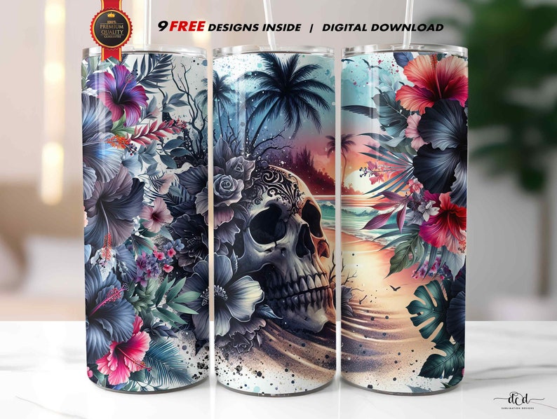 May include: Three stainless steel tumblers with different designs. The first tumbler features a skull with flowers and leaves. The second tumbler features a sunset over the ocean with palm trees. The third tumbler features a sunset over the ocean with tropical flowers and leaves.