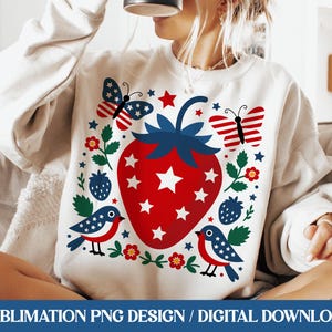 Sublimation de T-shirt PNG aux fraises, conception de drapeau américain patriotique bohème, 4 juillet jour de l'indépendance, fraise américaine florale botanique mignonne