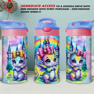 Baby Dragons 12 Oz Flip Top Seamless Tumbler Wrap für Mädchen, Sublimation PNG / Rainbow Sparkly Fantasy Fairy Tale Design