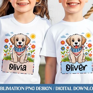 Benutzerdefinierte Namensteller 4. Juli Golden Retriever PNG Sublimation, Hund mit amerikanischer Flagge, Vaterländisches Blumen-Hemd für Kinder, Jungen-Mädchen-Shirt Design, eigenen Namen hinzufügen