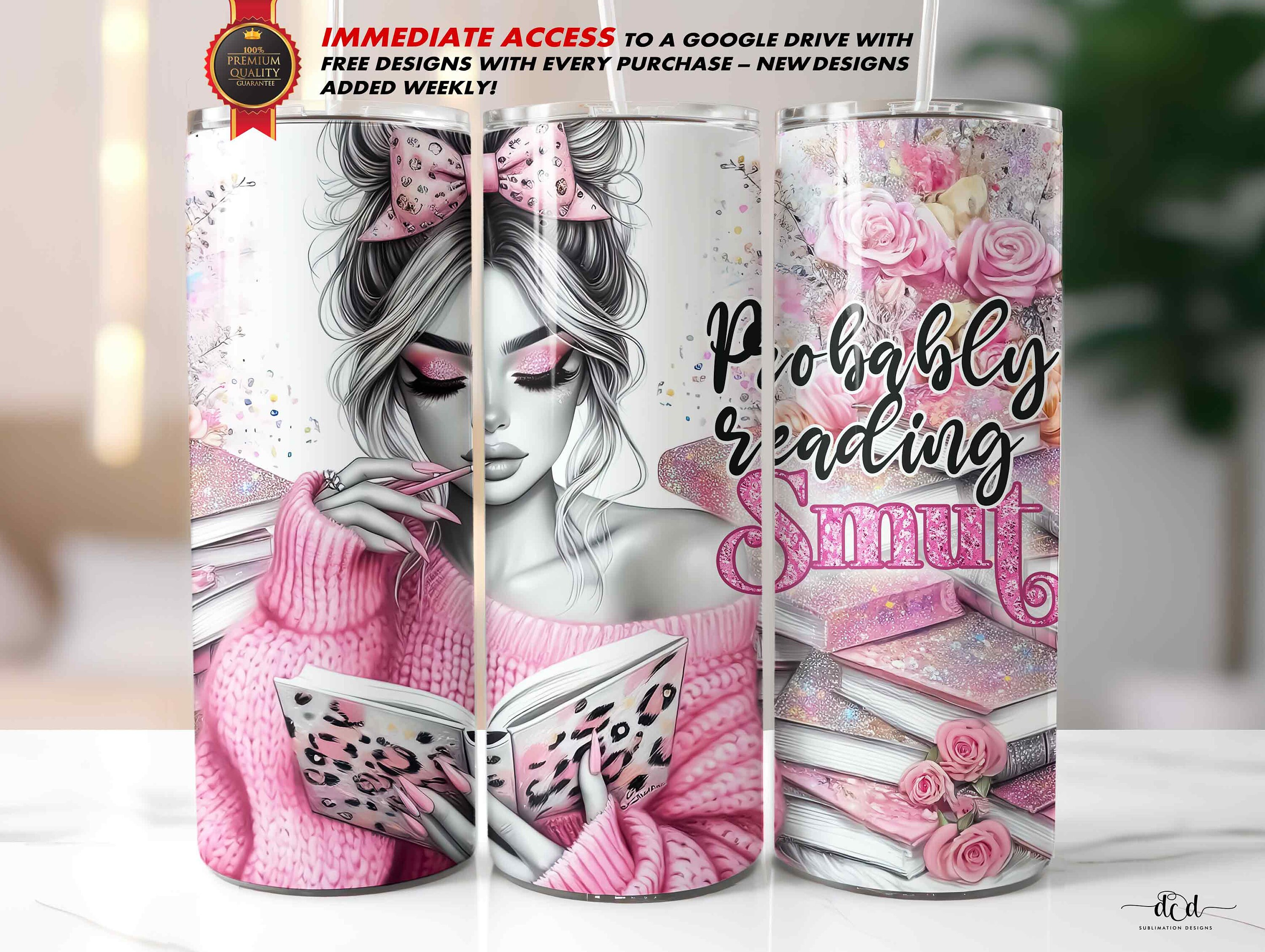 Adult Smut Tumbler Wrap, 20 Oz Straight Skinny Sublimation PNG / Sparkly Glitter Bookish Design / "Probably reading smut"