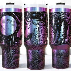 Eenhoorn SVG-laser 40 Oz beker wrap/gegraveerd geëtste quencher naadloos ontwerp/betoverd bos volle maan fantasie mythisch