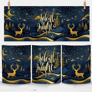 Hirsch Becher Wrap, 11 Oz & 15 Oz Sublimations PNG / Fügen Sie Ihren eigenen Namenstext hinzu / 3D Papierschnitt Weihnachtsdesign / Stille Nacht