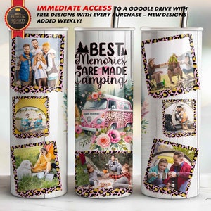 May include: A set of three stainless steel tumblers with a white woodgrain background. Each tumbler features a different design with a pink and black leopard print border. The designs include a vintage camper van with flowers, the text "Best Memories Are Made Camping", and a group of people in a camping setting.