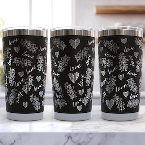 Envoltura para vaso de 20 oz con láser, SVG, grabado sin costuras, corazones, diseño bohemio dibujado a mano, tipografía de amor